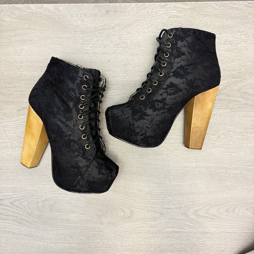 Truffle Black Lace Bootie Platform Wood Heel Goth Victorian Ankle Boots EU 36 - Picture 12 of 12